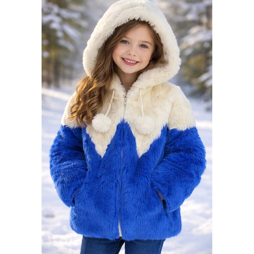 Vtg Princess Caravelle Girls Faux Fur‎ Hooded Jacket Cream Blue Pom Pom Size 6X